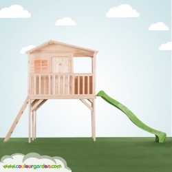 Maison enfant cottage avec terrasse sur pilotis 120 cms avec toboggan de 250 cms. Version brute à peindre avec toit goudron