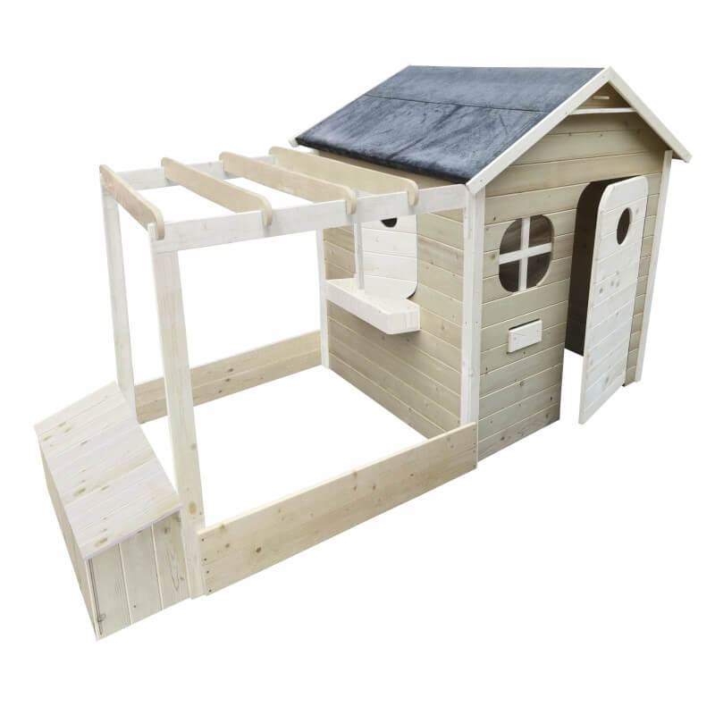 Cabane enfant - Maison avec pergola, Bac à sable et Coffre à jouets -  Couleur Garden